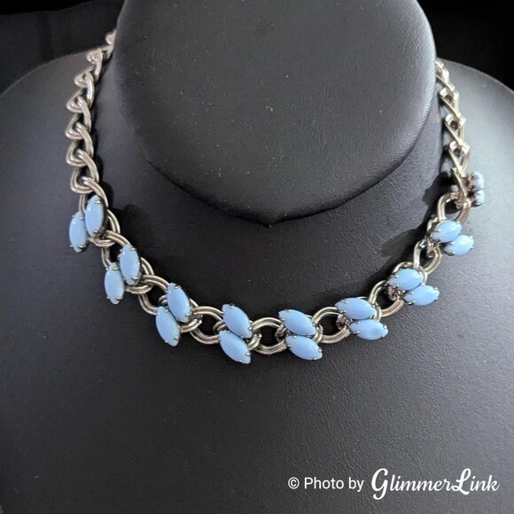 Vintage Blue Marquise Glass Cabochon Silver Tone Small Fit Choker Necklace - Picture 3 of 10